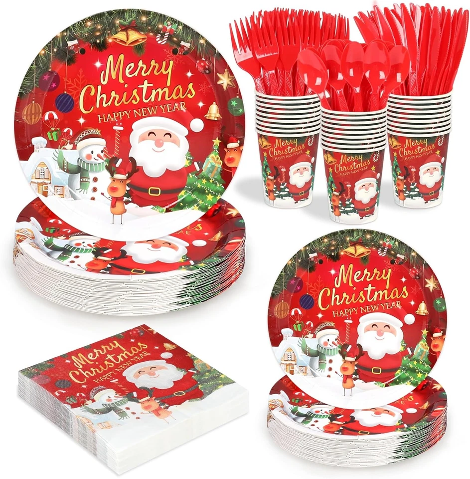 Juegos de 168 platos y servilletas de papel de Navidad Papá Noel, muñeco de nieve desechables Foto 1 de 4