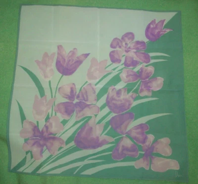 Bufanda vintage de gasa transparente VERA verde y púrpura floral 20,5" cuadrada Foto 1 de 3