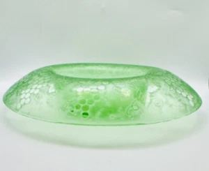 Antique Fostoria Green Uranium Brocade Grapes Etched 13” Rolled Oval Bowl - Picture 1 of 6