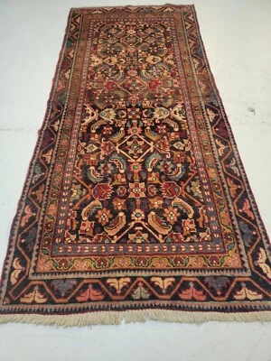 Antiguo Corredor de Lana Oriental Anudado a Mano Diseño Mahal Herati Azul 3'4" x 7'4" Foto 1 de 4