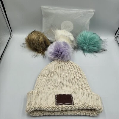 Love Your Melon Beige Beanie Hat Detachable Pom Pom Set Of 4 Adult USA Cotton - Image 1 of 4