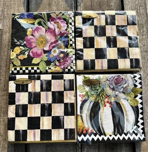 Mackenzie Childs AUTUMN Pumpkin Courtly Check Blk Flower Cocktail Napkins 4 Lot - Picture 1 of 6