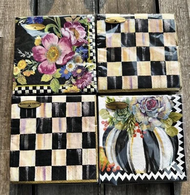 Lote de 4 servilletas de cóctel Mackenzie Childs AUTÉNTICAS calabaza a cuadros negros flores Foto 1 de 4