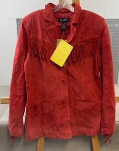 Women’s Red Leather Fringe Jacket Sz. M Denim & Co. NWT Washable Genuine Leather - Picture 1 of 7