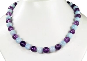 Beautiful Necklace IN Gemstones Aquamarine And Amethyst IN Ball Shape Ø-0 3/8in - Picture 1 of 4