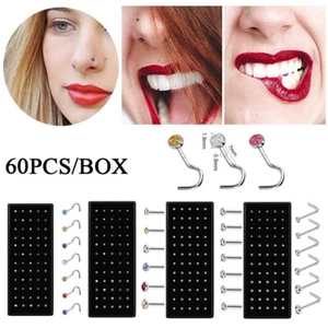 NOSE STUD STRAIGHT/BEND L SHAPE SURGICAL STEEL PIN SET BAR PIERCING NOSE RING - Picture 1 of 16