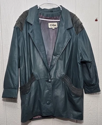 复古 CHIA 外套男式 XL 100% 皮革橄榄绿色和黑色风衣 — 第 1/4 张图片