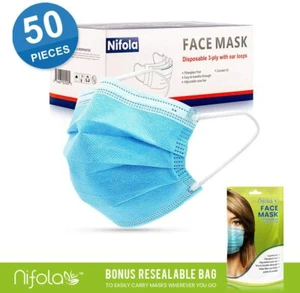 Nifola 50pcs Disposable Ear loop Nose Clip Face Mask Blue 3 Ply - Picture 1 of 9