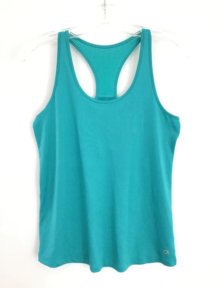Camiseta sin mangas Gap Fit XS azul verdoso espalda deportiva malla ribete yoga correr gimnasio Foto 1 de 4