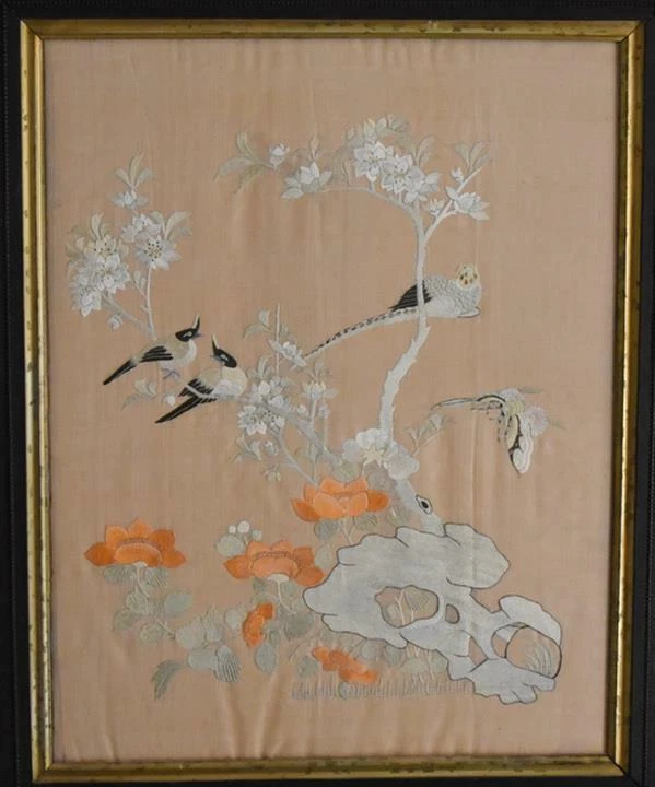 VICTORIANO BORDADO A MANO JAPONÉS ROSA SEDA FAISÁN PÁJARO MARIPOSA FLORAL Foto 1 de 4