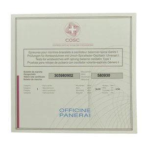 CERTIFICADO OFICIAL DEL INSTITUTO DE PRUEBAS DE CRONÓMETRO SUIZO PANERAI (COSC) - LLENO - Imagen 1 de 3