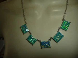 AQUA BLUE IRIDESCENT DANDLE OBLONG GLASS STONES BIB MCM NECKLACE #22/4 - Picture 1 of 6