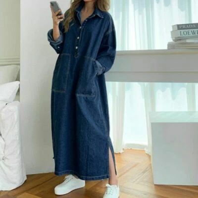 New Women's Spring Autumn Denim Shirt Dress Long Sleeve Loose Midi Jean Dresses - Image 1 of 4