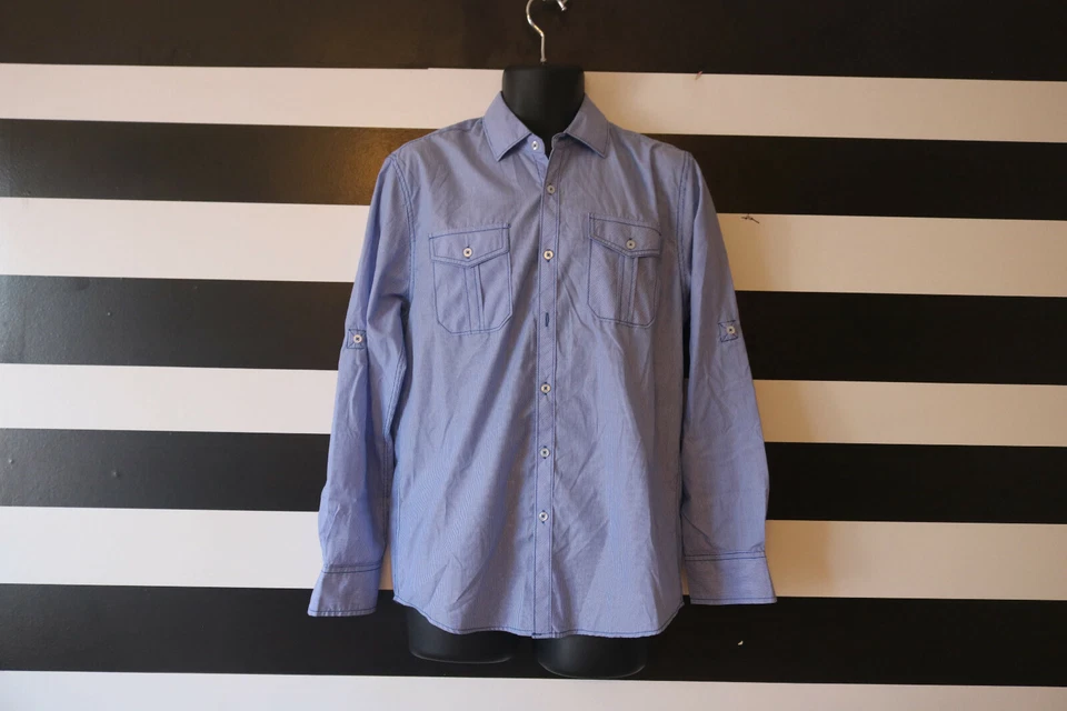 Camisa Michael Brandon Para Hombre Rayas Azules y Blancas Mezcla de Algodón Abotonada Talla S Foto 1 de 4