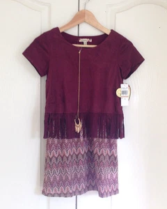 New Speechless Girl Boho Fringe Brown Burgundy Chevron Crochet Lined Dress 12 - Picture 1 of 8