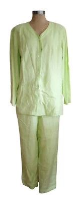 Valerie Stevens Pants Blouse Set Women's Petites Sz PL Lime Green 100% Linen EUC - Image 1 of 4