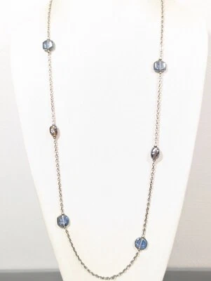 Collar Boho Coastal Chic Tono Plata Azul Gris Estación Vidrio Iridiscente Largo Foto 1 de 4