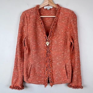 St John Collection Marie Gray Jacket Women 6 Orange Fringe Pendant Zip Cardigan - Picture 1 of 12