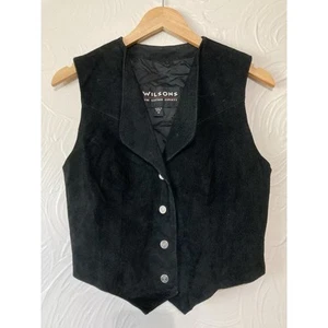VTG Wilsons Mens Black Genuine Suede Leather Western Biker Vest Button Up Size M - Picture 1 of 6