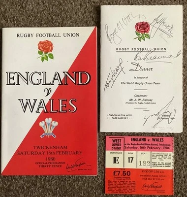 SIGNED 1980 ENGLAND v WALES prog, ticket, dinner INCLUDING PAUL RINGER & OTHERS - Image 1 of 4