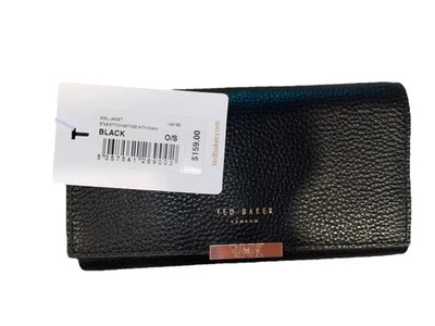 Ted Baker Janet Black Pebble Leather Matinée Wallet On Rose Gold Metal Chain Nwt - Image 1 of 3