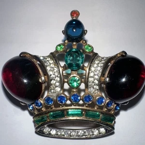 Sterling Trifari Crown with Red Cabochons Alfred Philippe Pin Vintage Large - Picture 1 of 10