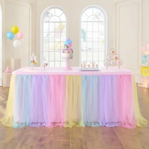 72In Rainbow Tulle Table Skirts for Rectangle Tables 6/4Ft, 2-Layer Pastel Color - Picture 1 of 12