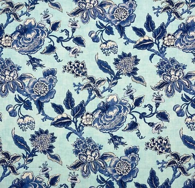 WAVERLY WILLIAMSBURG PERSIANA GLACIER BLUE FLORAL VINE LINEN FABRIC BY YARD 54"W - Image 1 of 4