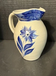 6” Williamsburg Pottery Salt Glazed Stoneware Pitcher Cobalt Floral Ruffle Spout - Picture 1 of 9