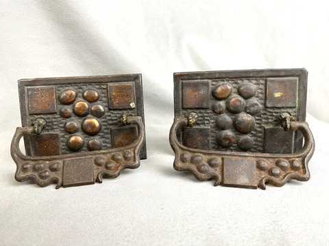 Pair C.1860 Gothic Revival Drawer Pulls, Copper Backplate & Iron Bail Handle Cover