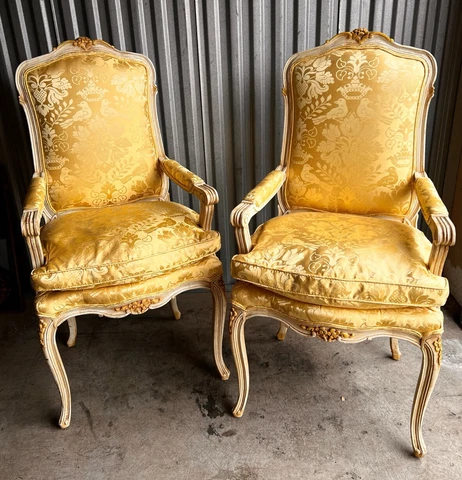 Silk Upholstered Louis XV Dining Chairs-Two Arm Four Side-Scalamandre Love Birds Cover
