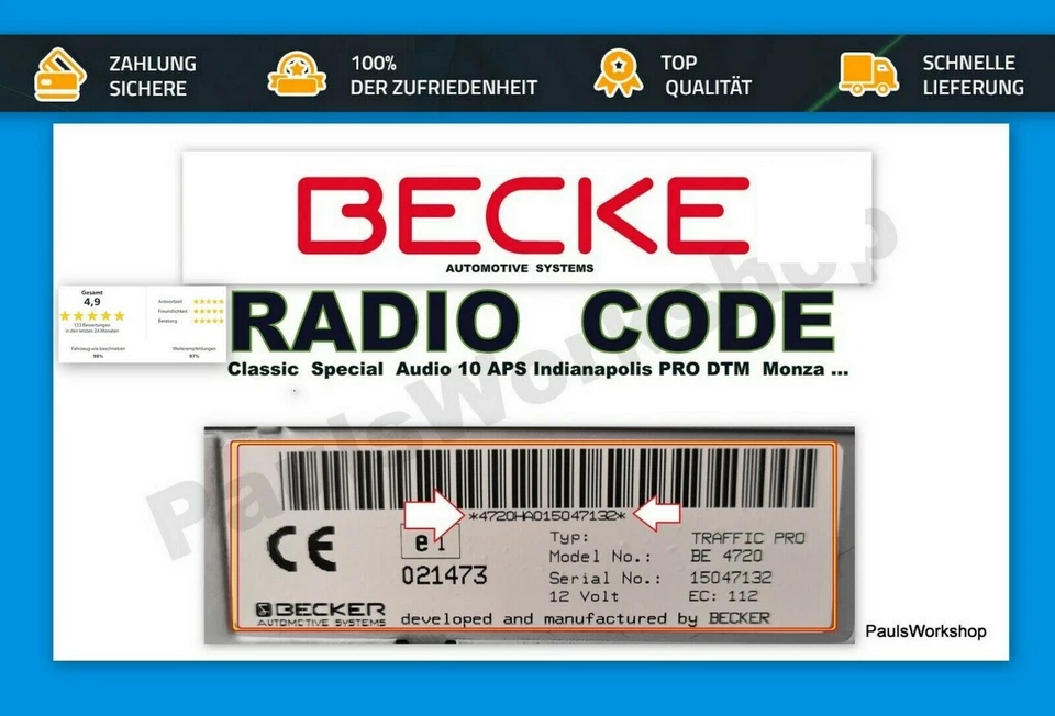 Radio Code Becker Indianapolis DTM Monza Classic Exquisit Mercedes BMW  Key Code - Bild 1 von 1