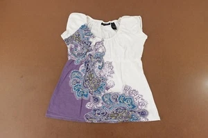 Axcess Women's Size Medium White Purple Paisley Short Sleeve Pullover Blouse - Picture 1 of 9