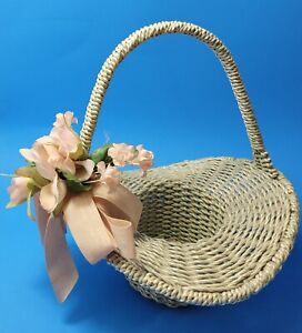 Vintage-1980s Victorian Style Flower Girl-Easter Basket White W/Pink Flowers