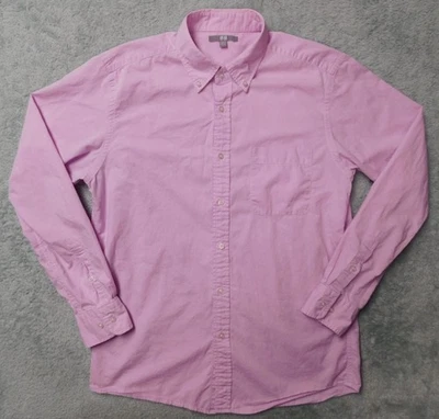 Camisa masculina Uniqlo M rosa branca listrada manga longa 100% algodão botão - Imagem 1 de 4