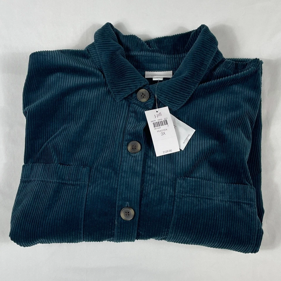 NUEVO CON ETIQUETAS J. Jill Mujer Pavo Real Pana 3X Camisa Vestido Botón Bolsillos Frontales Relajado Foto 1 de 4