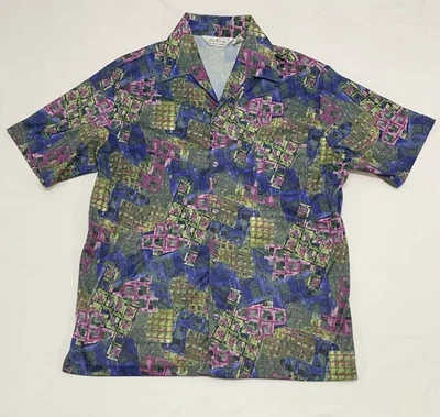 Camisa De Colección Años 70 Lilly Dache Abstracta Geométrica Púrpura/Verde Disco Manga Corta Usada en Excelente Condición Foto 1 de 4