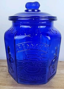 Tarro y tapa de vidrio vintage PLANTERS "MR PEANUTS" AZUL COBALTO 12,5"🥜 octogonal - Imagen 1 de 16