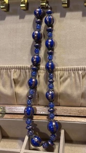 Vintage Venetian Blue & Gold Murano Foil Art Glass Bead Glass Necklace 16” ~ C59 - Picture 1 of 15
