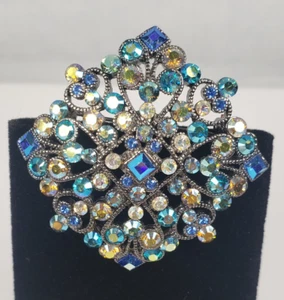 Vintage Joan Rivers Classic Collection Desinger Blue Teal Gold AB Crystal Brooch - Picture 1 of 14