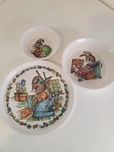 Vintage Oneida Childs Dish Set Rabbit Bunny Melamine Plate Bowls Set Of 3 - Picture 1 of 7
