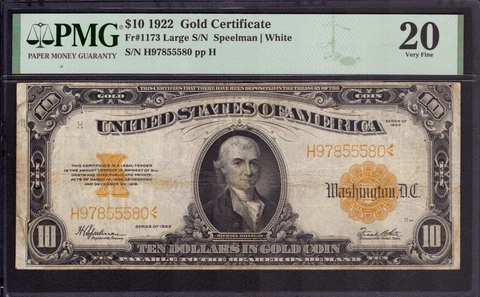 1922 $10 LARGE SIZE GOLD CERTIFICATE NOTE CURRENCY FR.1173 PMG VERY FINE VF 20 Cover
