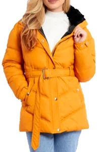 Damas Parka Amarillo Mostaza Piel Sintética Chaqueta Larga Niñas Abrigo Dorado Brillo - Imagen 1 de 7