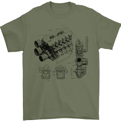 Car Engine Blueprints Petrolhead Mens T-Shirt 100% Cotton - Image 1 of 4