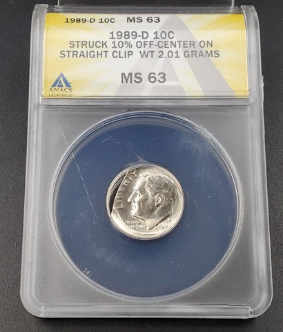 1989 D 10c Roosevelt Dime ANACS MS63 STRUCK 10% OFF CENTER STRAIGHT CLIP Error Cover