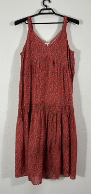 Joie Dress Womens XL Tiered Midi Tea Rose Red Cotton Sleeveless Geometric - Image 1 of 4