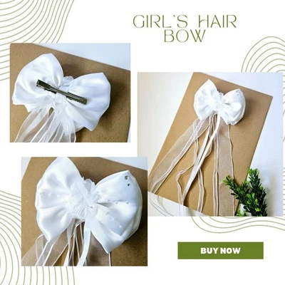 GIrls Hecho a Mano Gif Blanco Satinado Grande Moño Clip Cinta Larga Pasador Foto 1 de 4
