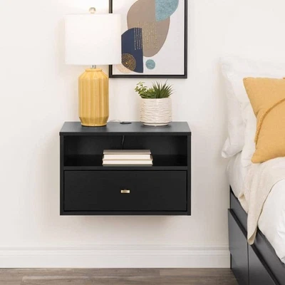 Prepac Floating Nightstand 14.5" x 22.5" x 15" Composite 1-Drawer Black Finish - Image 1 of 4