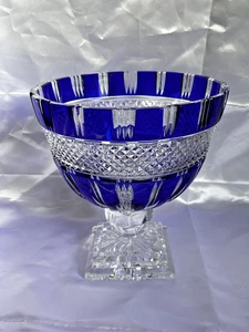 DZYR Cut to Clear Cobalt Blue Crystal Pedestal Bowl 9.25x9.75" Bohemian Glass DM - Picture 1 of 5