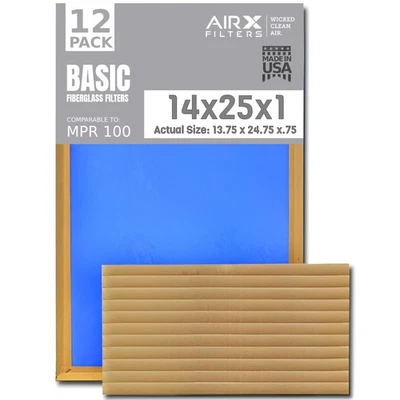 14x25x1 Air Filter Comparable to MPR 100 Basic Economy Furnace Filters, 12 Pack - Image 1 of 4